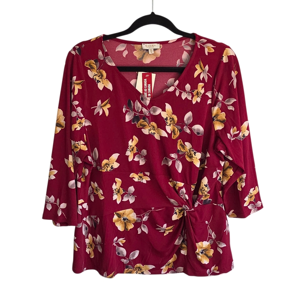 Laura Petites Burgundy Floral Blouse Sz XL